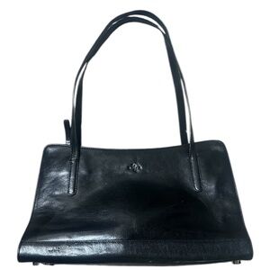 Monsac Black Shiny Leather Double Strap Shoulder Purse Metal Grommet Feet Classy